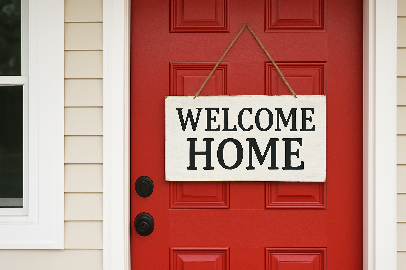 red front door with hanging Welcome Home sign
